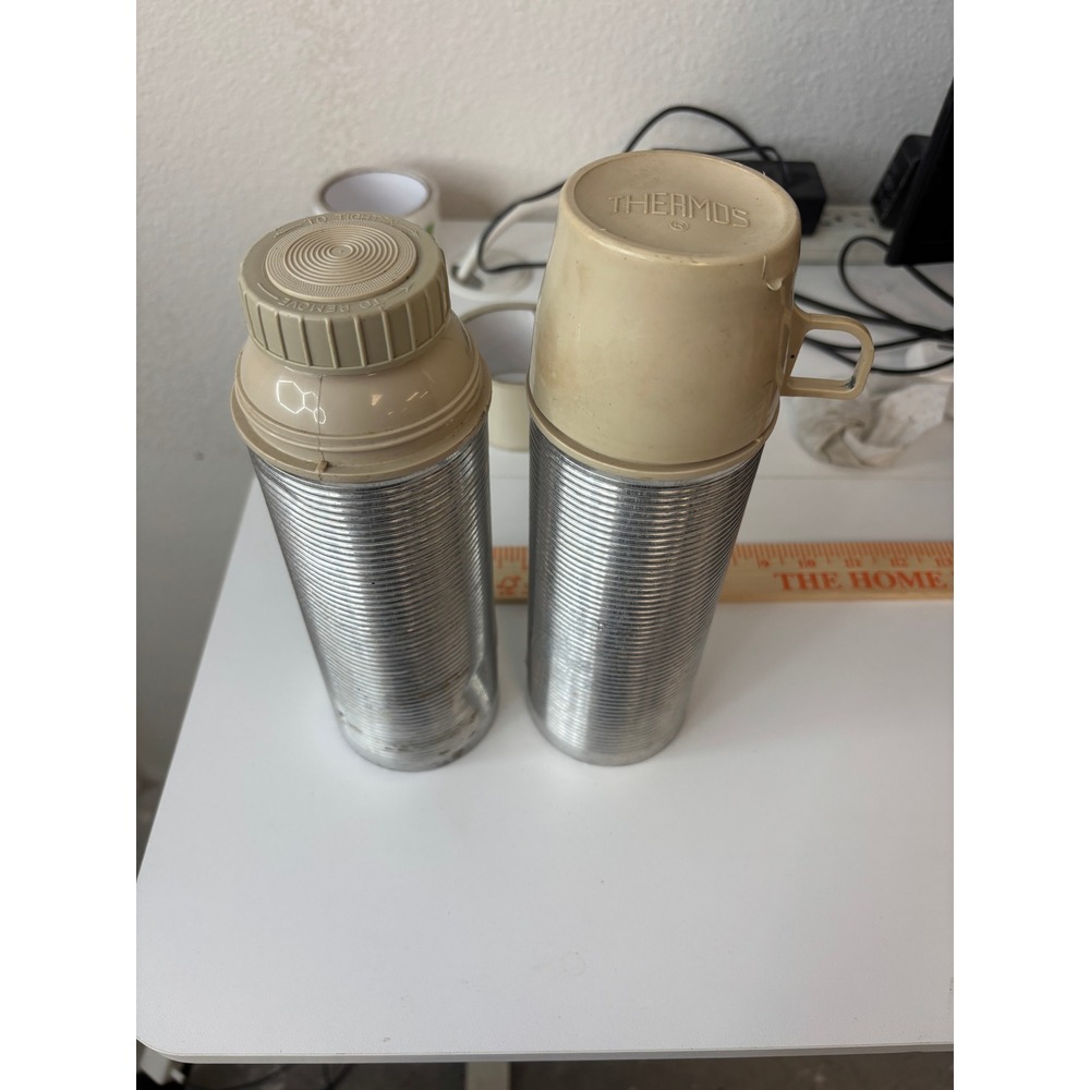 Vintage Thermos 2264 Ribbed Aluminum Vacuum Bottle Pint Size Set of 2 Norwich CT